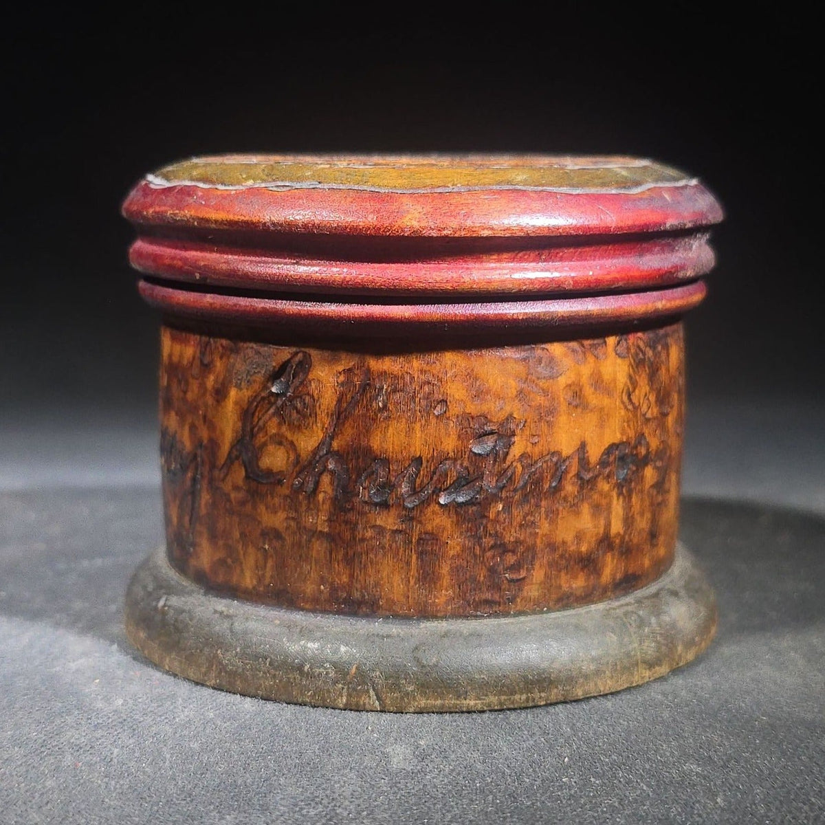 Antique Pyrography Round Lidded Wooden Box Marked "L.B.E." with "Merry Christmas" Inscription