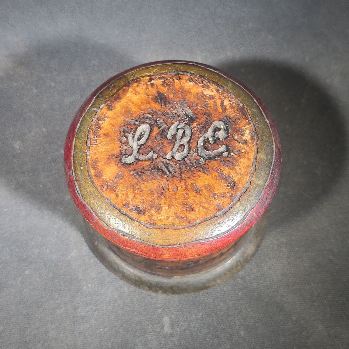 Antique Pyrography Round Lidded Wooden Box Marked "L.B.E." with "Merry Christmas" Inscription