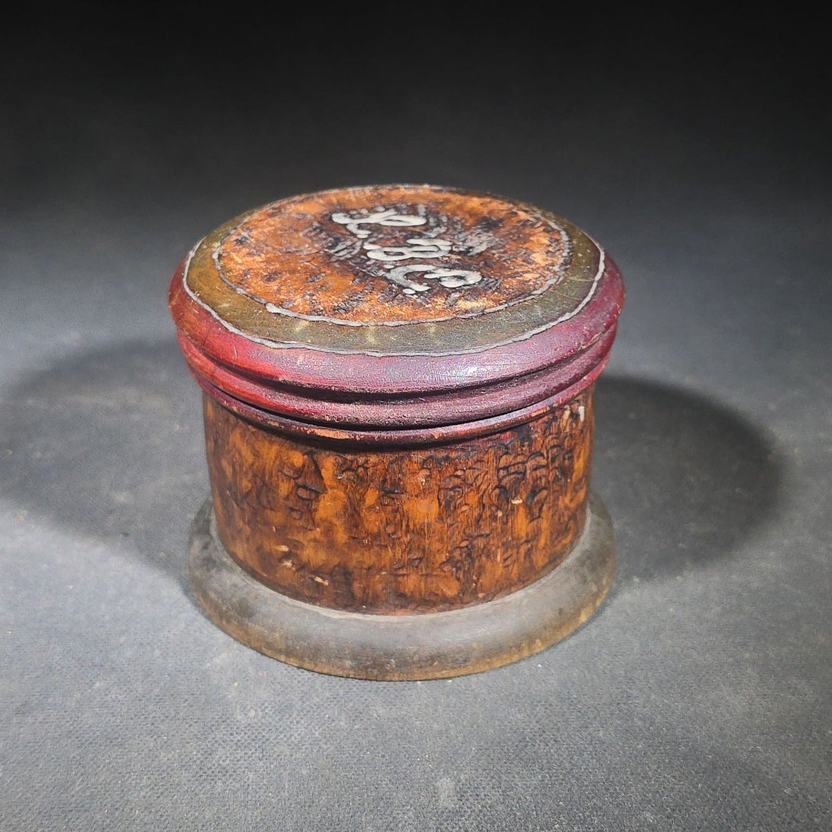 Antique Pyrography Round Lidded Wooden Box Marked "L.B.E." with "Merry Christmas" Inscription