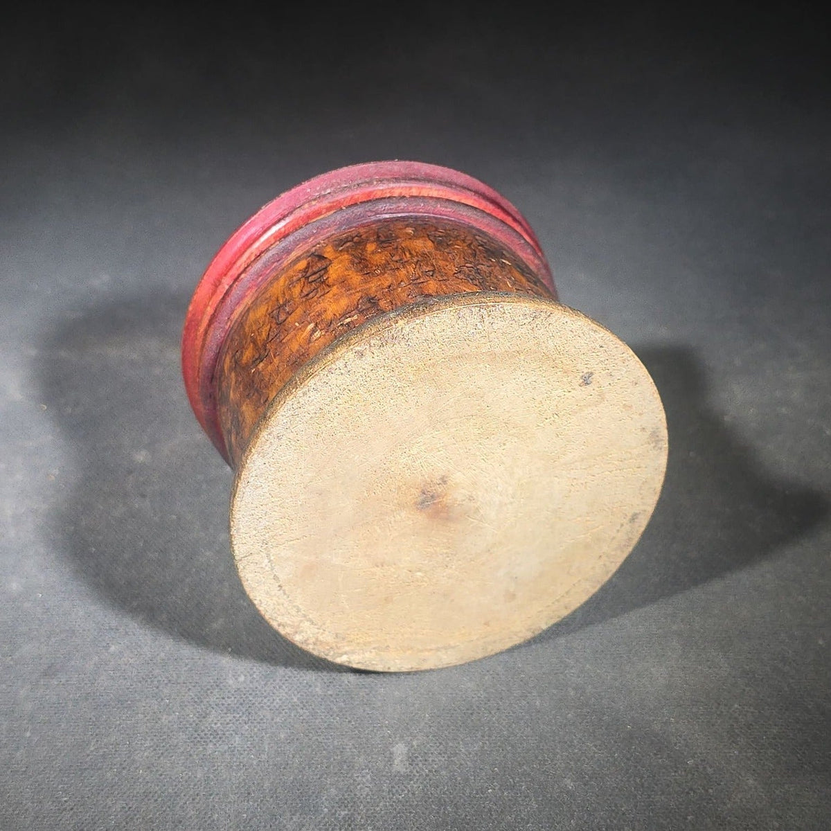 Antique Pyrography Round Lidded Wooden Box Marked "L.B.E." with "Merry Christmas" Inscription