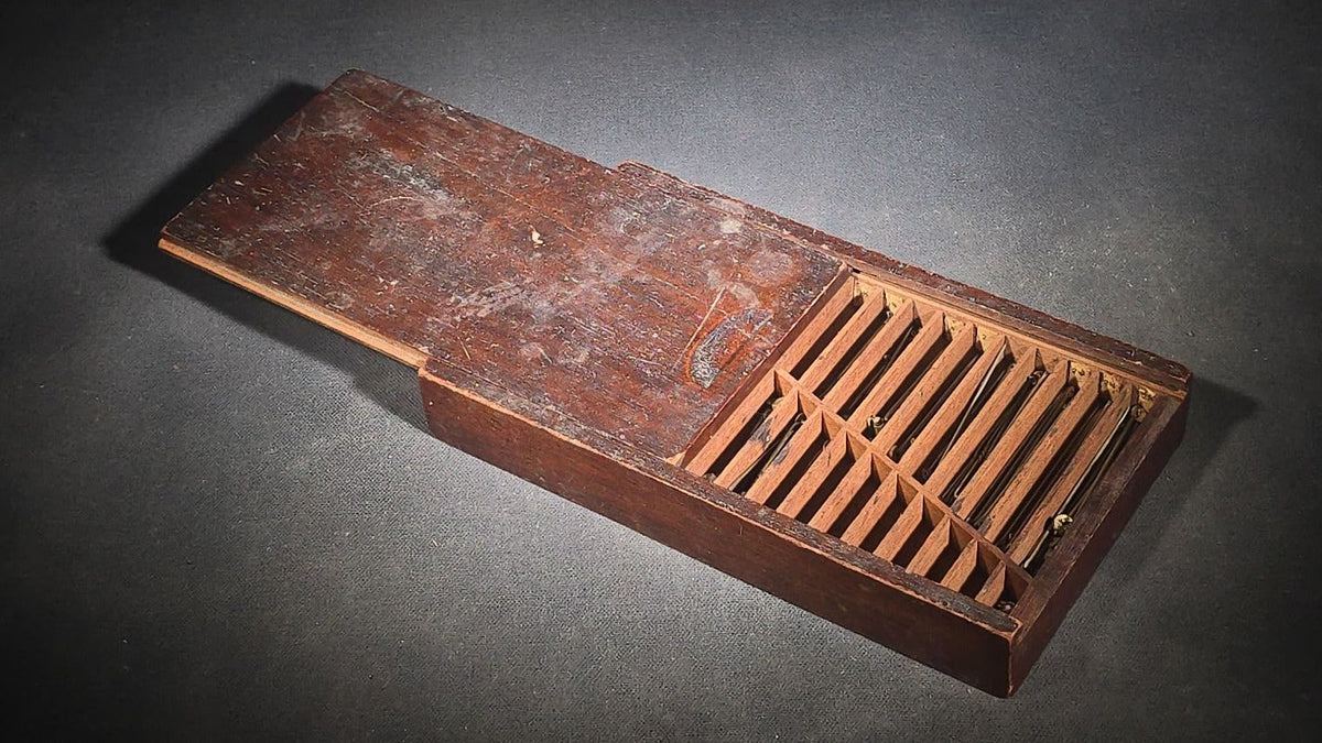 Antique Wooden Sliding-Lid Pin Box with Compartmented Interior Containing Assorted Metal Pins