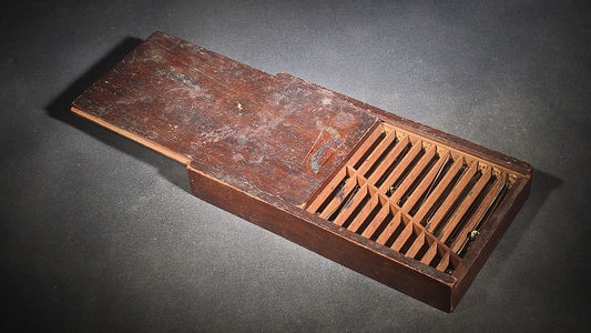 Antique Wooden Sliding-Lid Pin Box with Compartmented Interior Containing Assorted Metal Pins