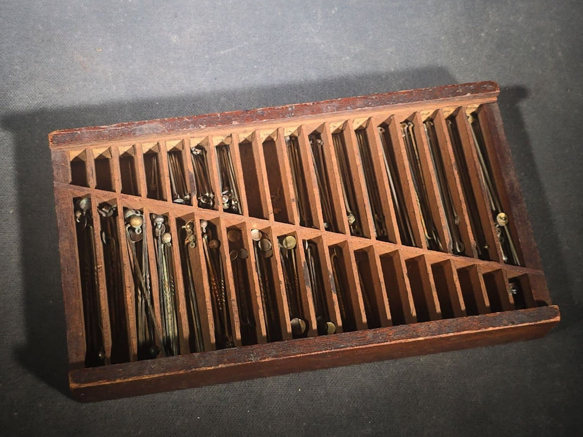 Antique Wooden Sliding-Lid Pin Box with Compartmented Interior Containing Assorted Metal Pins