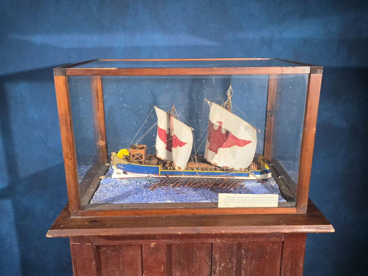 Vintage Handmade Ship Model of the "Incitata" Light Trireme, Imperial Roman Navy, in Glass Display Case, by Frederick S. Pope, 1951