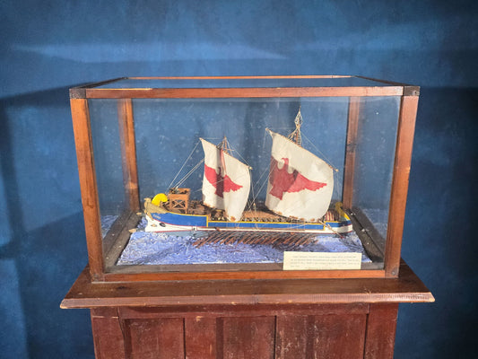 Vintage Handmade Ship Model of the "Incitata" Light Trireme, Imperial Roman Navy, in Glass Display Case, by Frederick S. Pope, 1951
