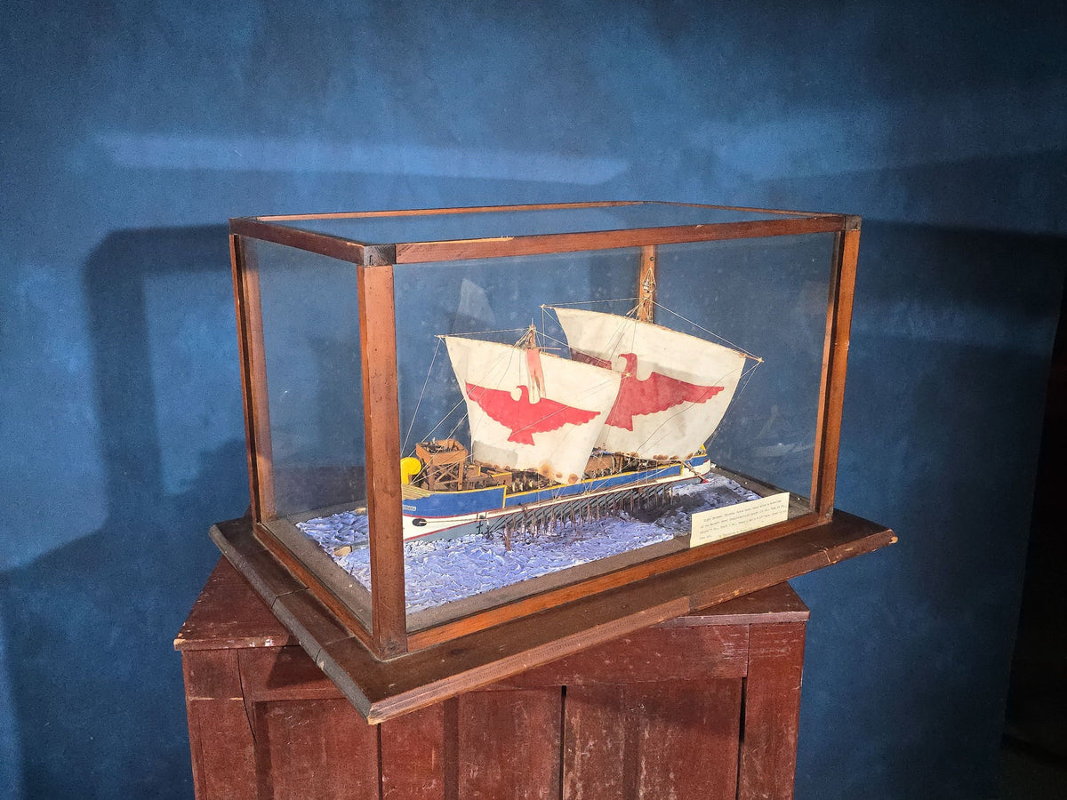 Vintage Handmade Ship Model of the "Incitata" Light Trireme, Imperial Roman Navy, in Glass Display Case, by Frederick S. Pope, 1951