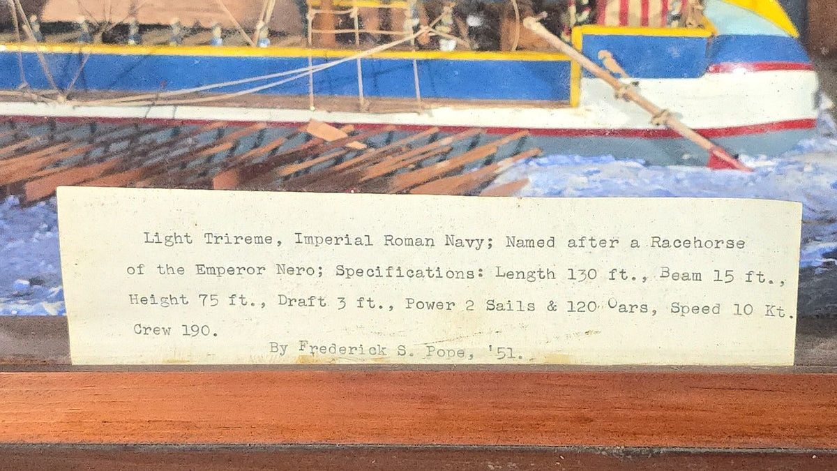 Vintage Handmade Ship Model of the "Incitata" Light Trireme, Imperial Roman Navy, in Glass Display Case, by Frederick S. Pope, 1951
