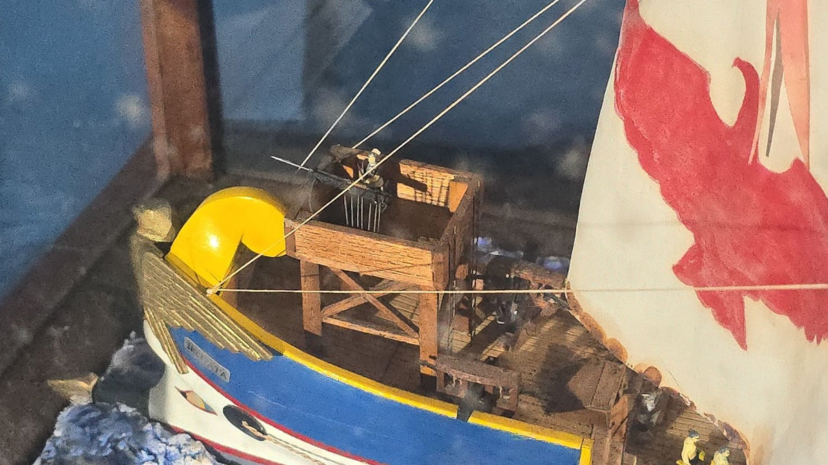 Vintage Handmade Ship Model of the "Incitata" Light Trireme, Imperial Roman Navy, in Glass Display Case, by Frederick S. Pope, 1951