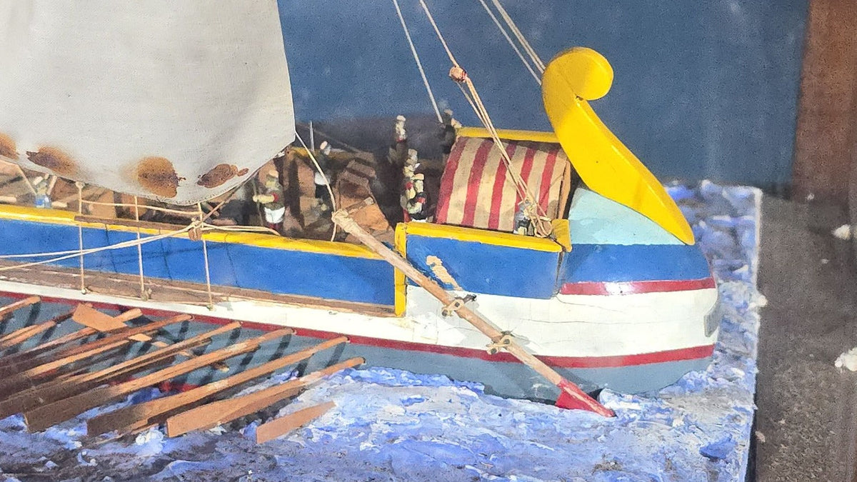 Vintage Handmade Ship Model of the "Incitata" Light Trireme, Imperial Roman Navy, in Glass Display Case, by Frederick S. Pope, 1951