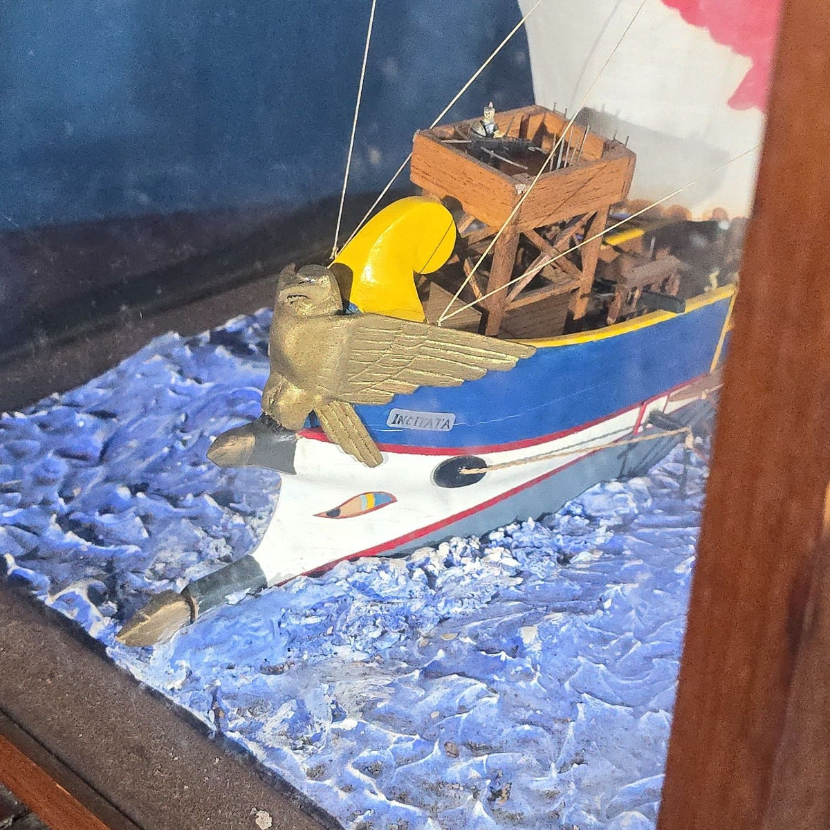 Vintage Handmade Ship Model of the "Incitata" Light Trireme, Imperial Roman Navy, in Glass Display Case, by Frederick S. Pope, 1951