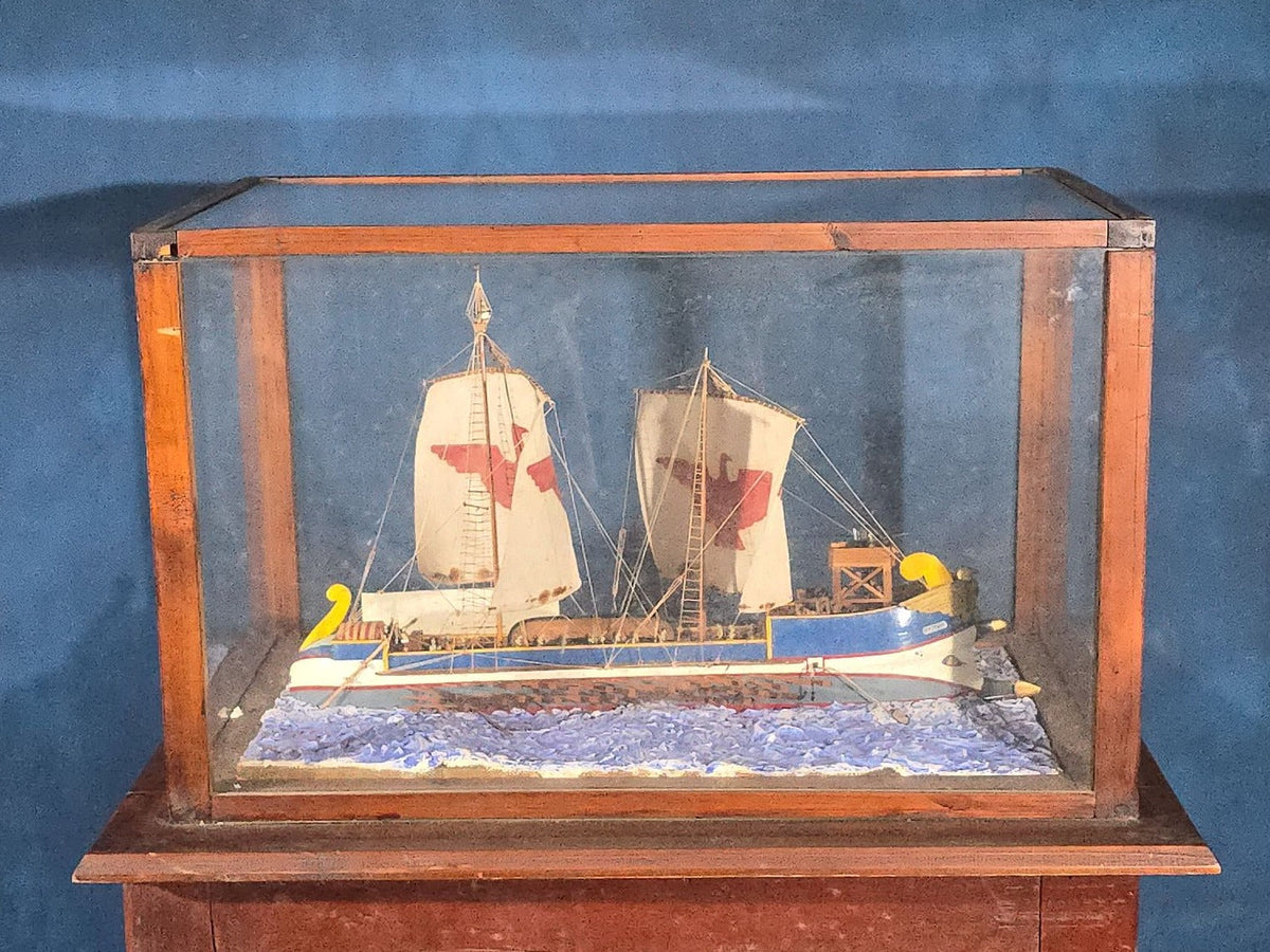 Vintage Handmade Ship Model of the "Incitata" Light Trireme, Imperial Roman Navy, in Glass Display Case, by Frederick S. Pope, 1951