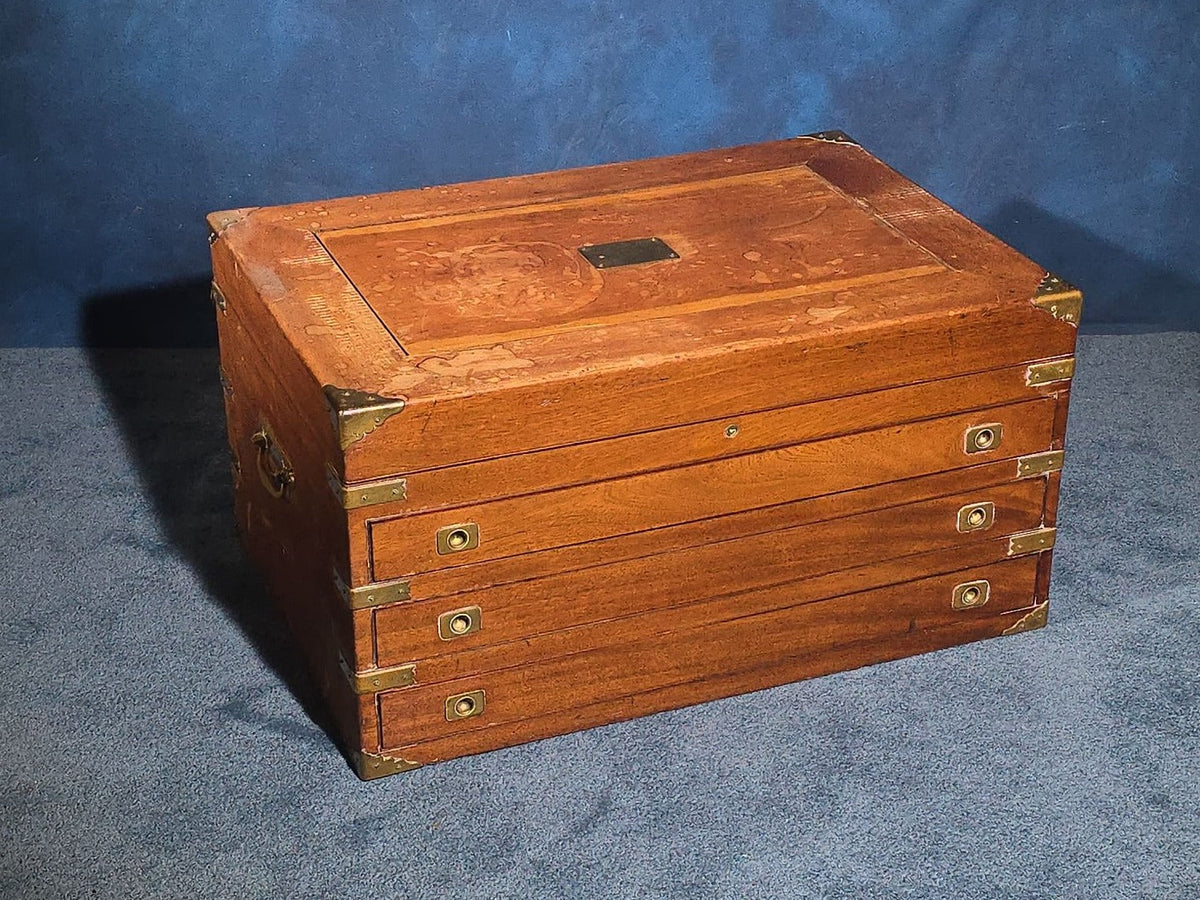 Antique Brass-Bound Campaign-Style Chest with Three Drawers and Hinged Lid