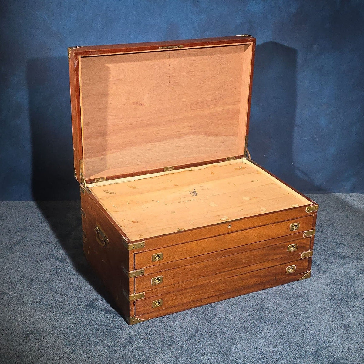 Antique Brass-Bound Campaign-Style Chest with Three Drawers and Hinged Lid
