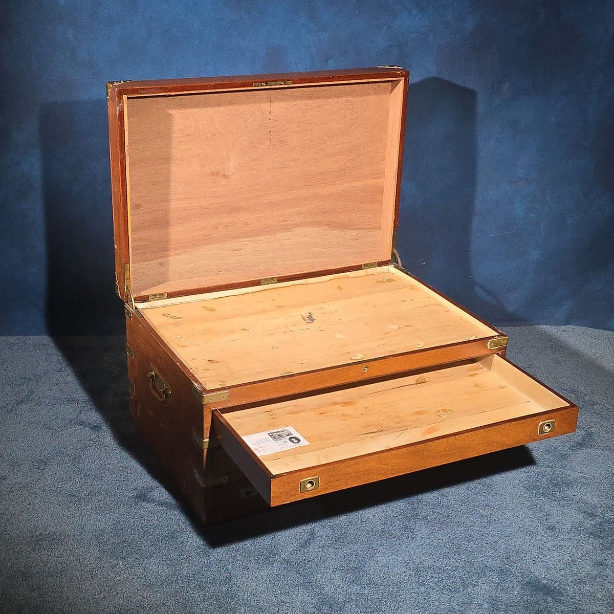 Antique Brass-Bound Campaign-Style Chest with Three Drawers and Hinged Lid