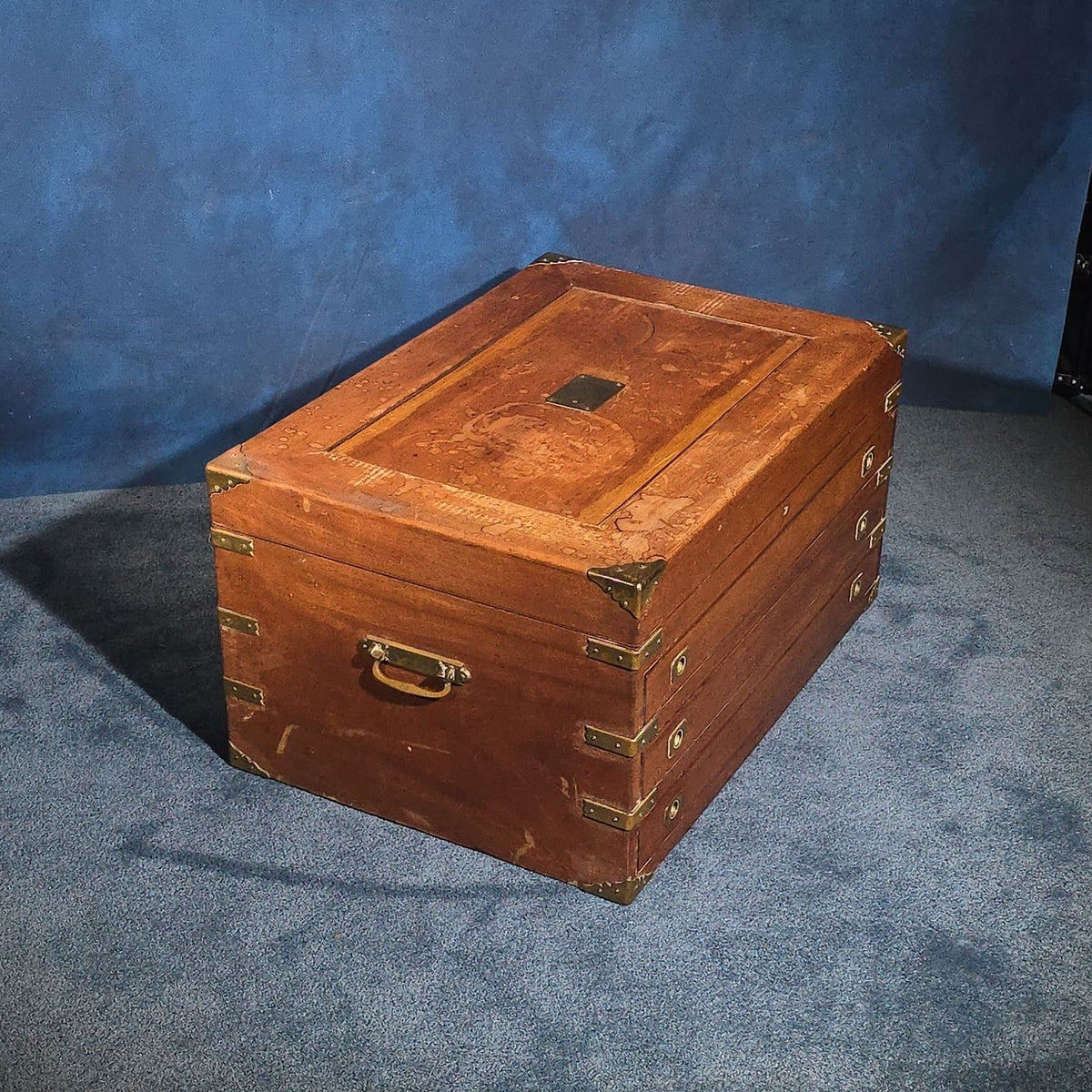 Antique Brass-Bound Campaign-Style Chest with Three Drawers and Hinged Lid