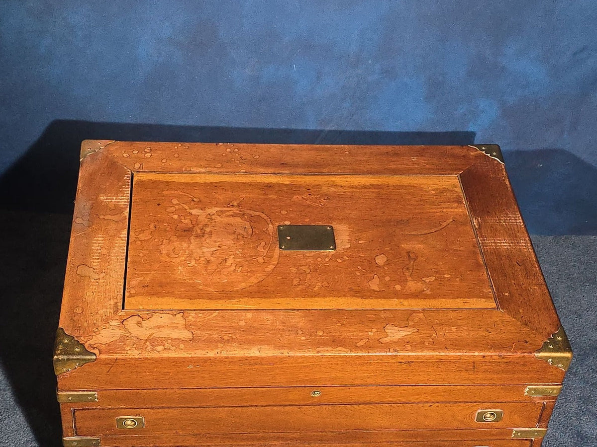 Antique Brass-Bound Campaign-Style Chest with Three Drawers and Hinged Lid
