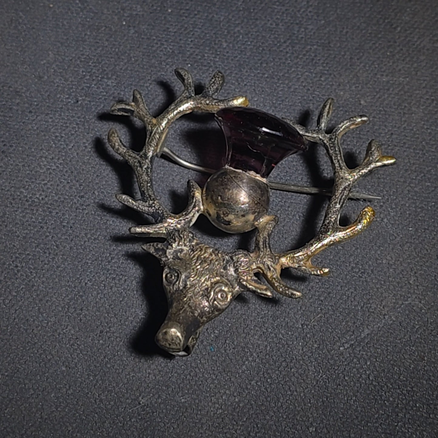 Antique Scottish Stag Head Brooch with Antlers and Purple Glass Stone