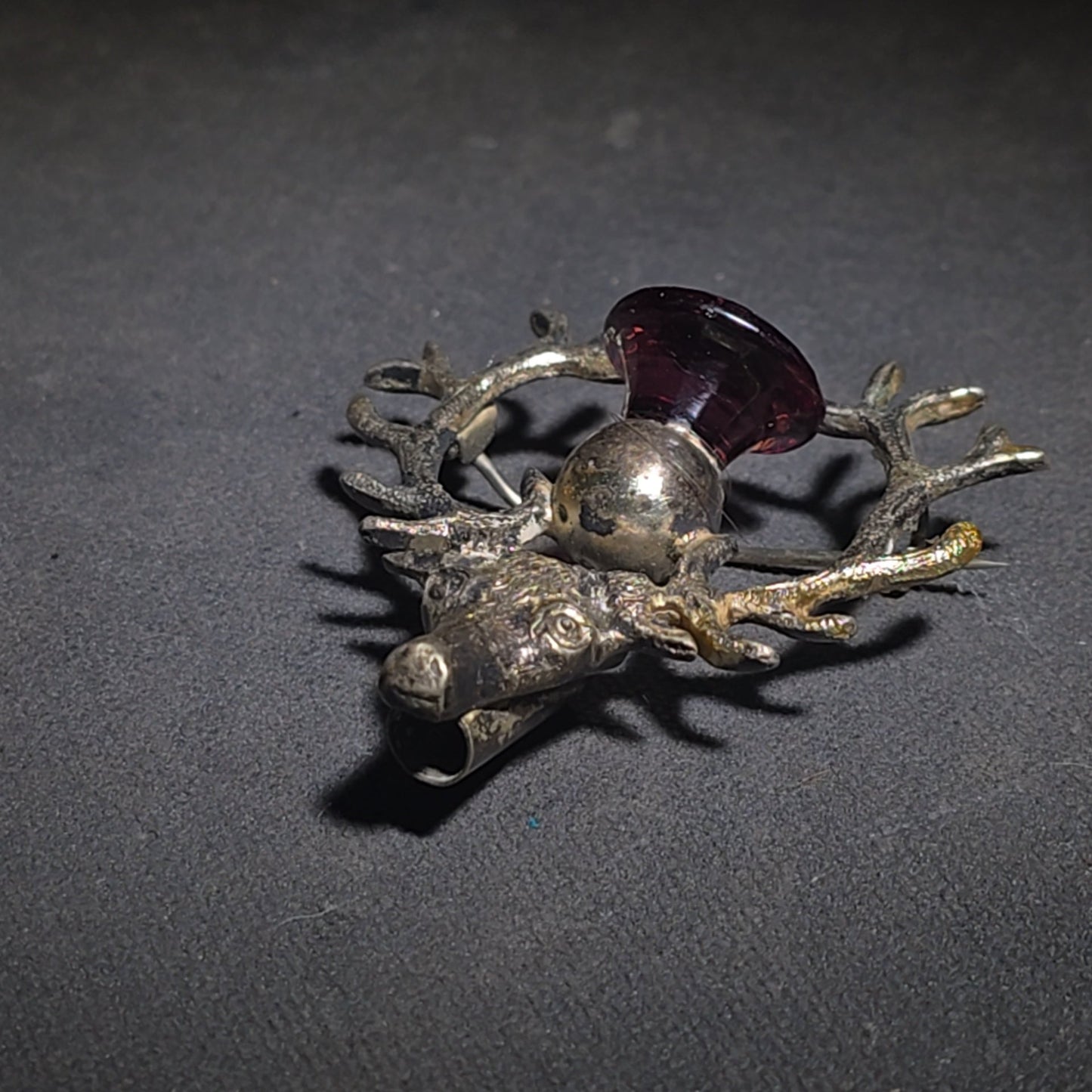 Antique Scottish Stag Head Brooch with Antlers and Purple Glass Stone