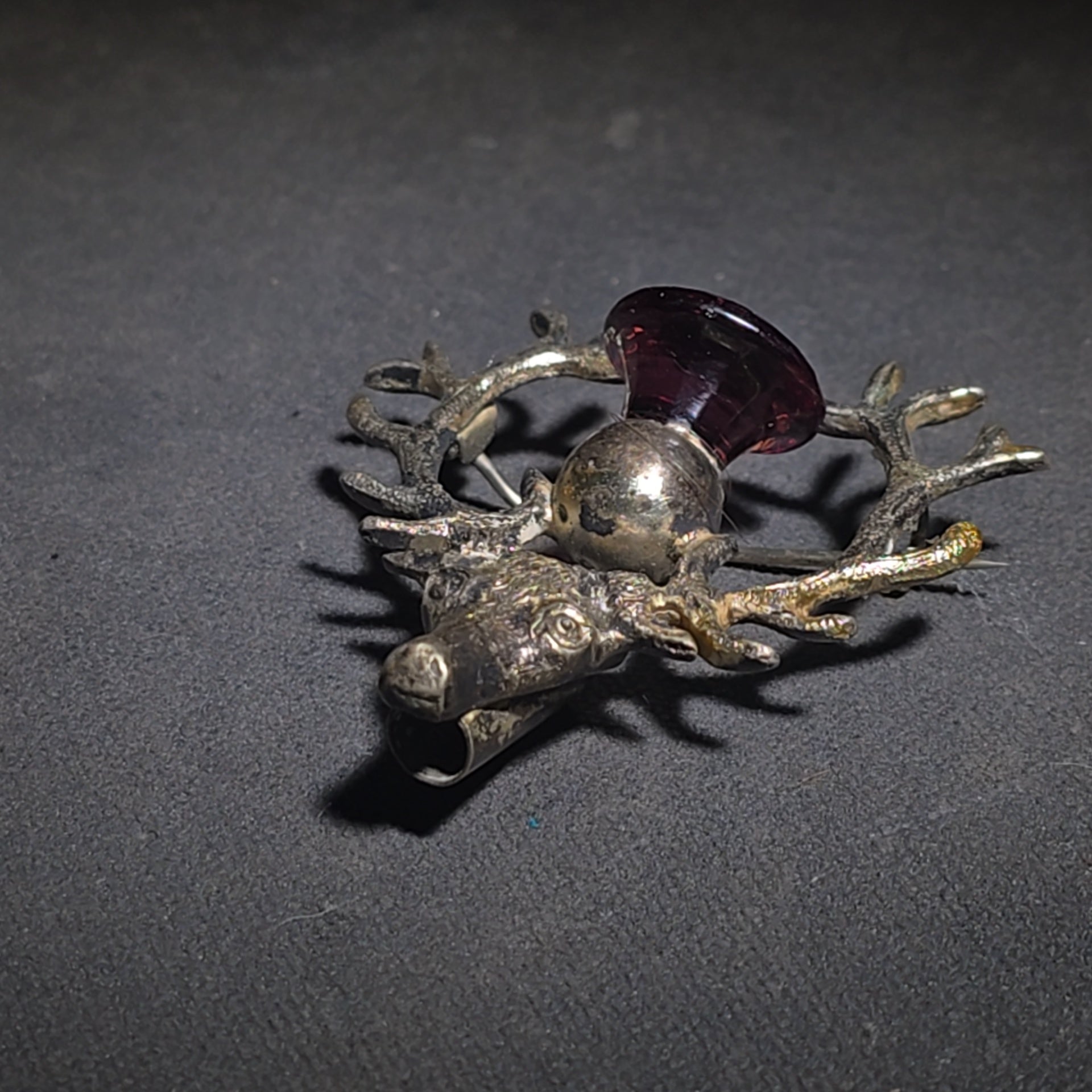 Antique Scottish Stag Head Brooch with Antlers and Purple Glass Stone