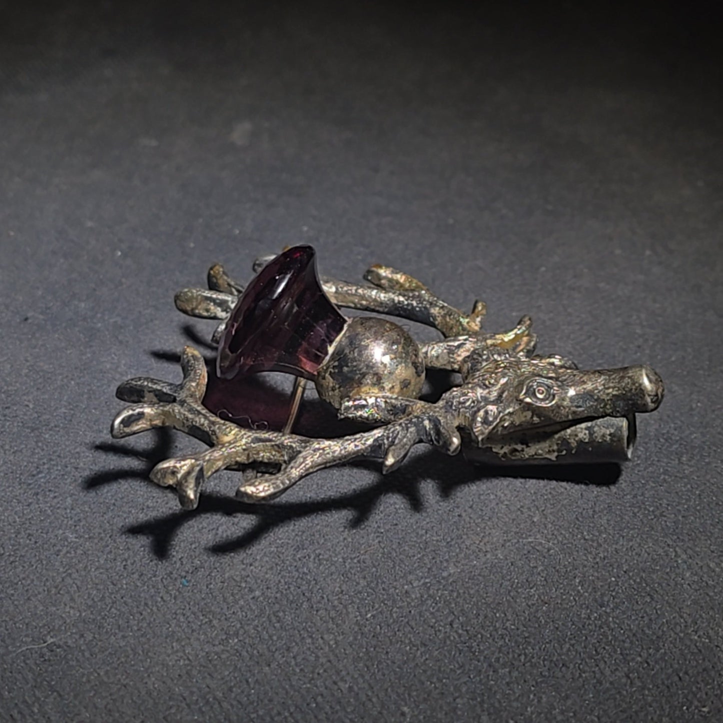 Antique Scottish Stag Head Brooch with Antlers and Purple Glass Stone