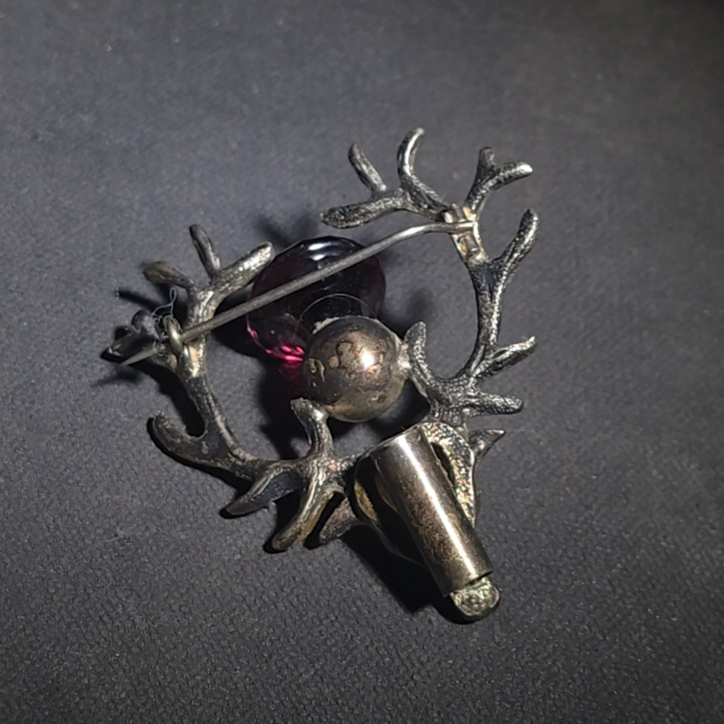 Antique Scottish Stag Head Brooch with Antlers and Purple Glass Stone