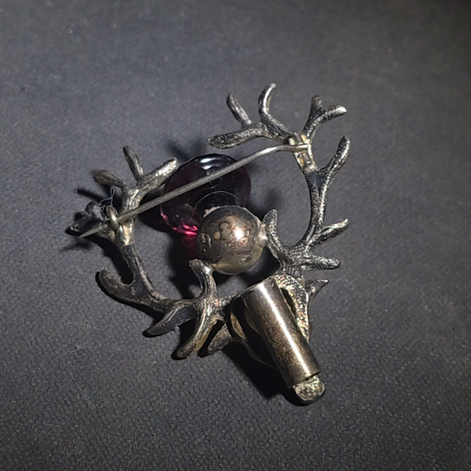 Antique Scottish Stag Head Brooch with Antlers and Purple Glass Stone