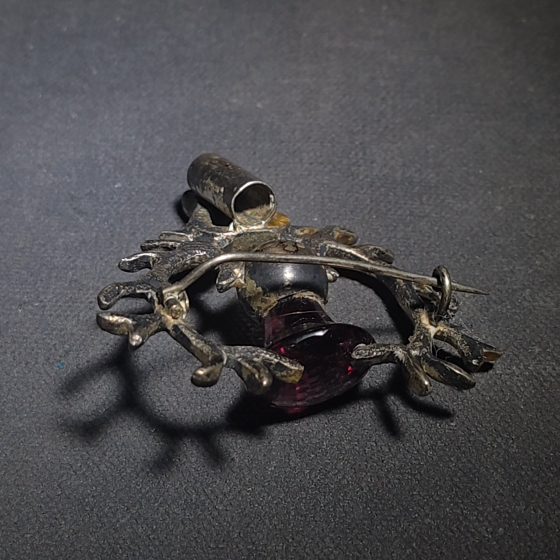 Antique Scottish Stag Head Brooch with Antlers and Purple Glass Stone