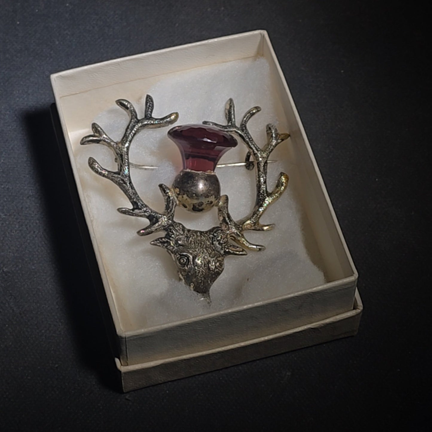 Antique Scottish Stag Head Brooch with Antlers and Purple Glass Stone