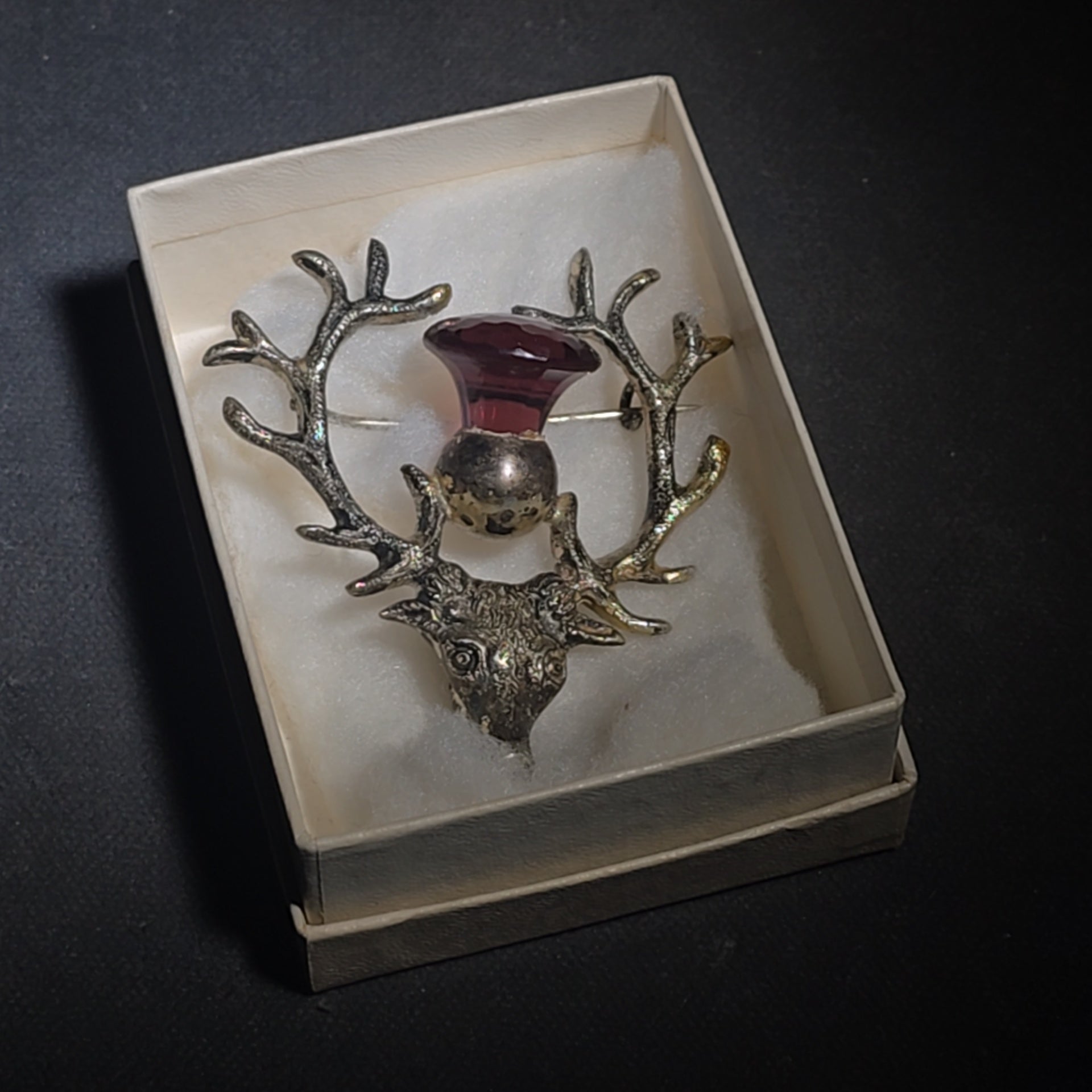 Antique Scottish Stag Head Brooch with Antlers and Purple Glass Stone