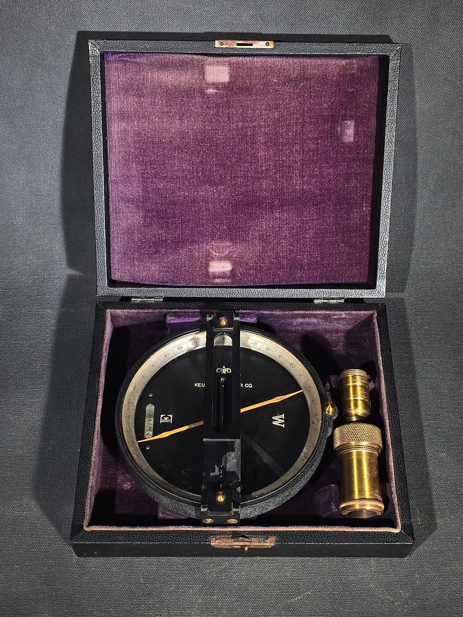 Vintage Keuffel & Esser Co. Surveying Compass with Sighting Vanes and Brass Tripod Fitting in Fitted Case