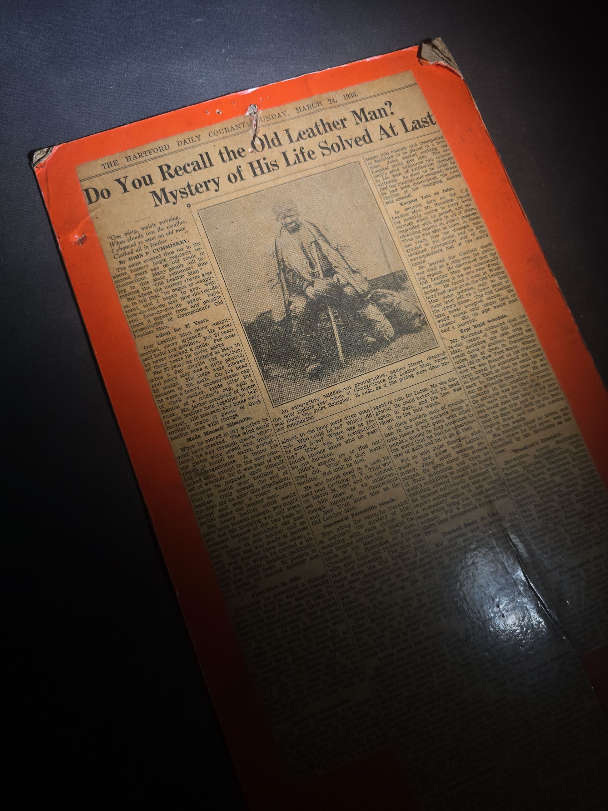 Vintage Board-Mounted Newspaper Clipping, "Do You Recall the Old Leather Man? Mystery of His Life Solved At Last" from The Hartford Daily Courant, Sunday, March 24, 1935, Connecticut Vagabond Jules Bourglay