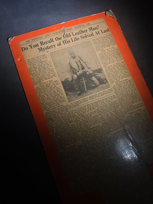 Vintage Board-Mounted Newspaper Clipping, "Do You Recall the Old Leather Man? Mystery of His Life Solved At Last" from The Hartford Daily Courant, Sunday, March 24, 1935, Connecticut Vagabond Jules Bourglay