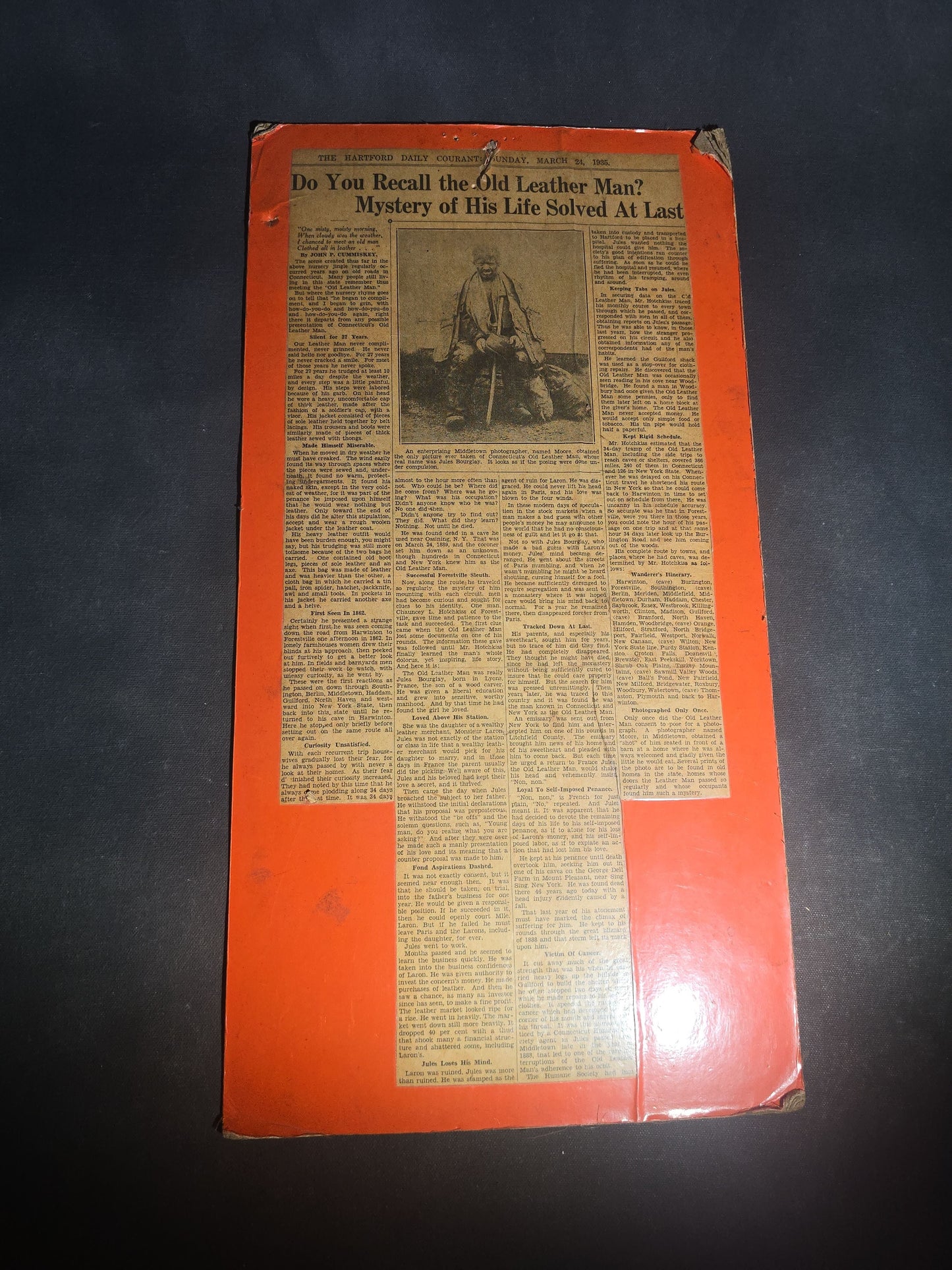 Vintage Board-Mounted Newspaper Clipping, "Do You Recall the Old Leather Man? Mystery of His Life Solved At Last" from The Hartford Daily Courant, Sunday, March 24, 1935, Connecticut Vagabond Jules Bourglay