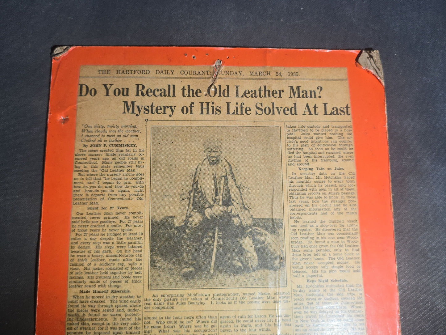 Vintage Board-Mounted Newspaper Clipping, "Do You Recall the Old Leather Man? Mystery of His Life Solved At Last" from The Hartford Daily Courant, Sunday, March 24, 1935, Connecticut Vagabond Jules Bourglay