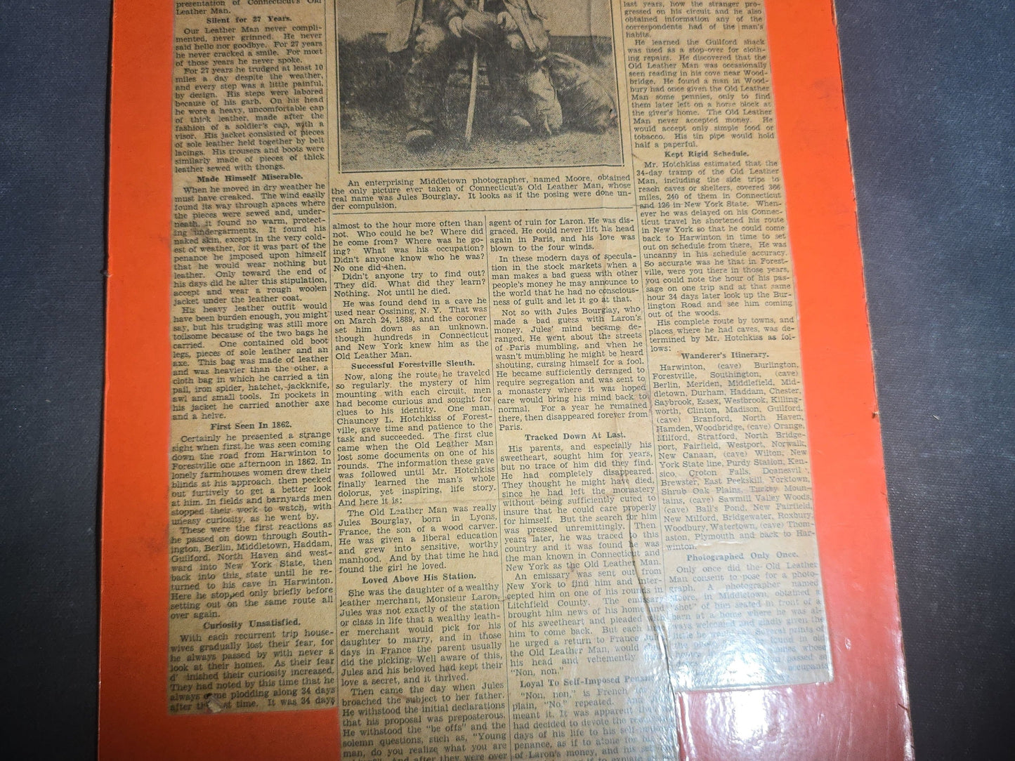 Vintage Board-Mounted Newspaper Clipping, "Do You Recall the Old Leather Man? Mystery of His Life Solved At Last" from The Hartford Daily Courant, Sunday, March 24, 1935, Connecticut Vagabond Jules Bourglay
