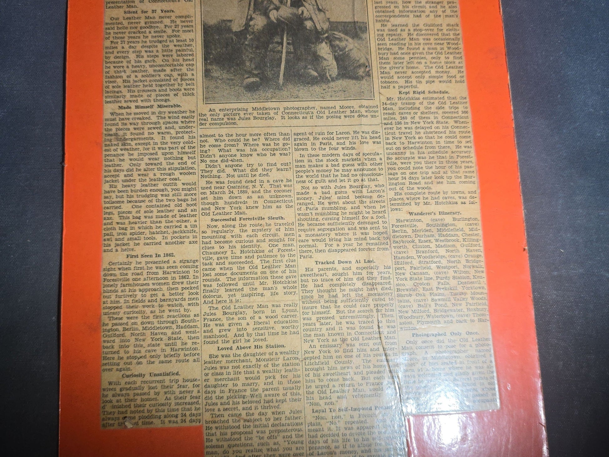 Vintage Board-Mounted Newspaper Clipping, "Do You Recall the Old Leather Man? Mystery of His Life Solved At Last" from The Hartford Daily Courant, Sunday, March 24, 1935, Connecticut Vagabond Jules Bourglay