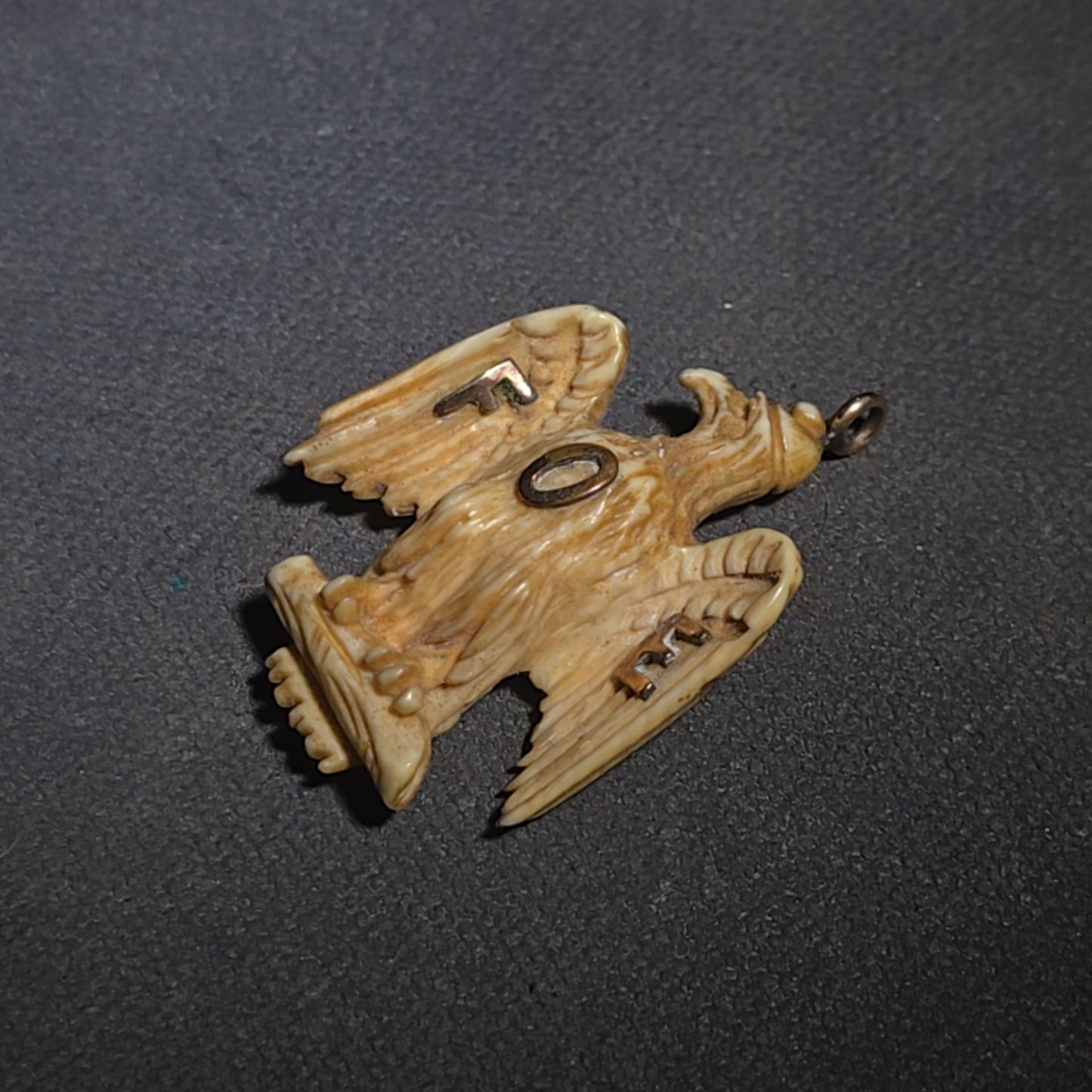 Antique Carved Bone Fraternal Order of Eagles Pendant with 10K Gold Letters and Bail