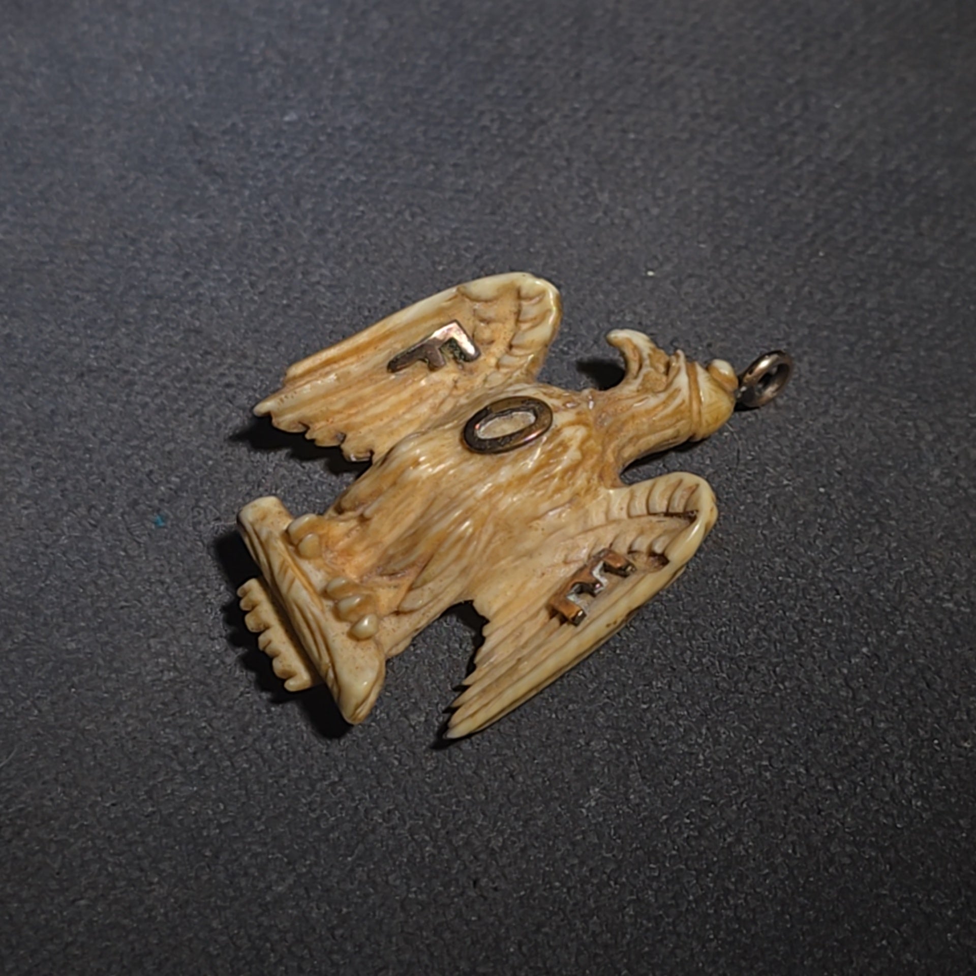 Antique Carved Bone Fraternal Order of Eagles Pendant with 10K Gold Letters and Bail