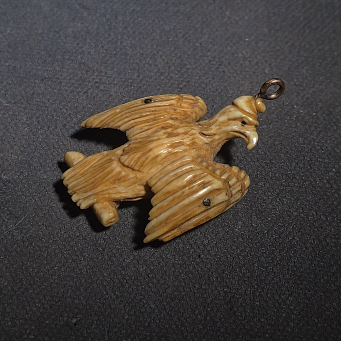 Antique Carved Bone Fraternal Order of Eagles Pendant with 10K Gold Letters and Bail