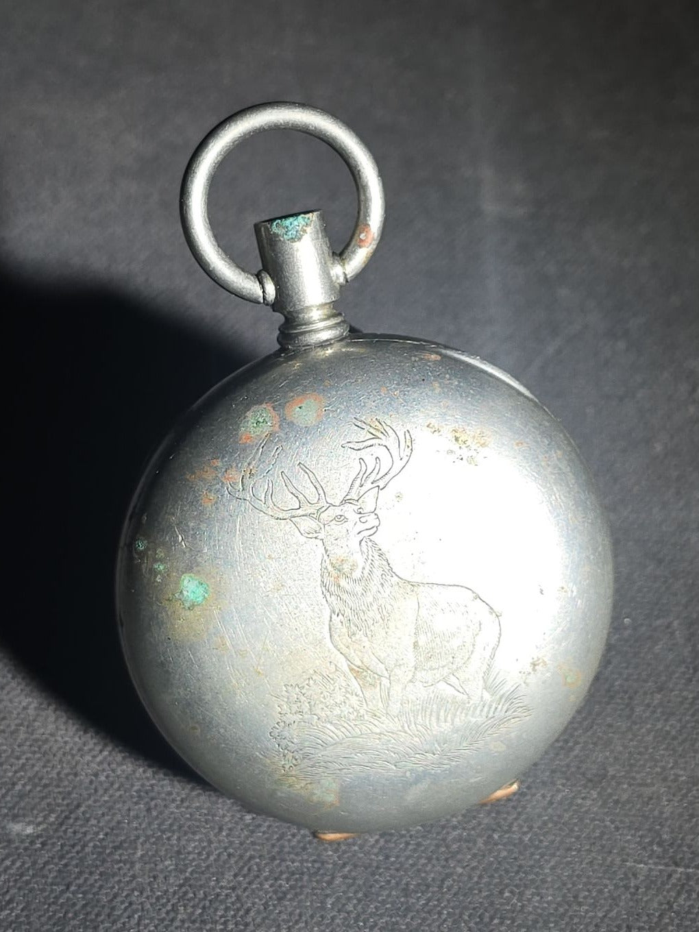 Antique French Pocket Compass with Engraved Stag on Reverse, Made in France