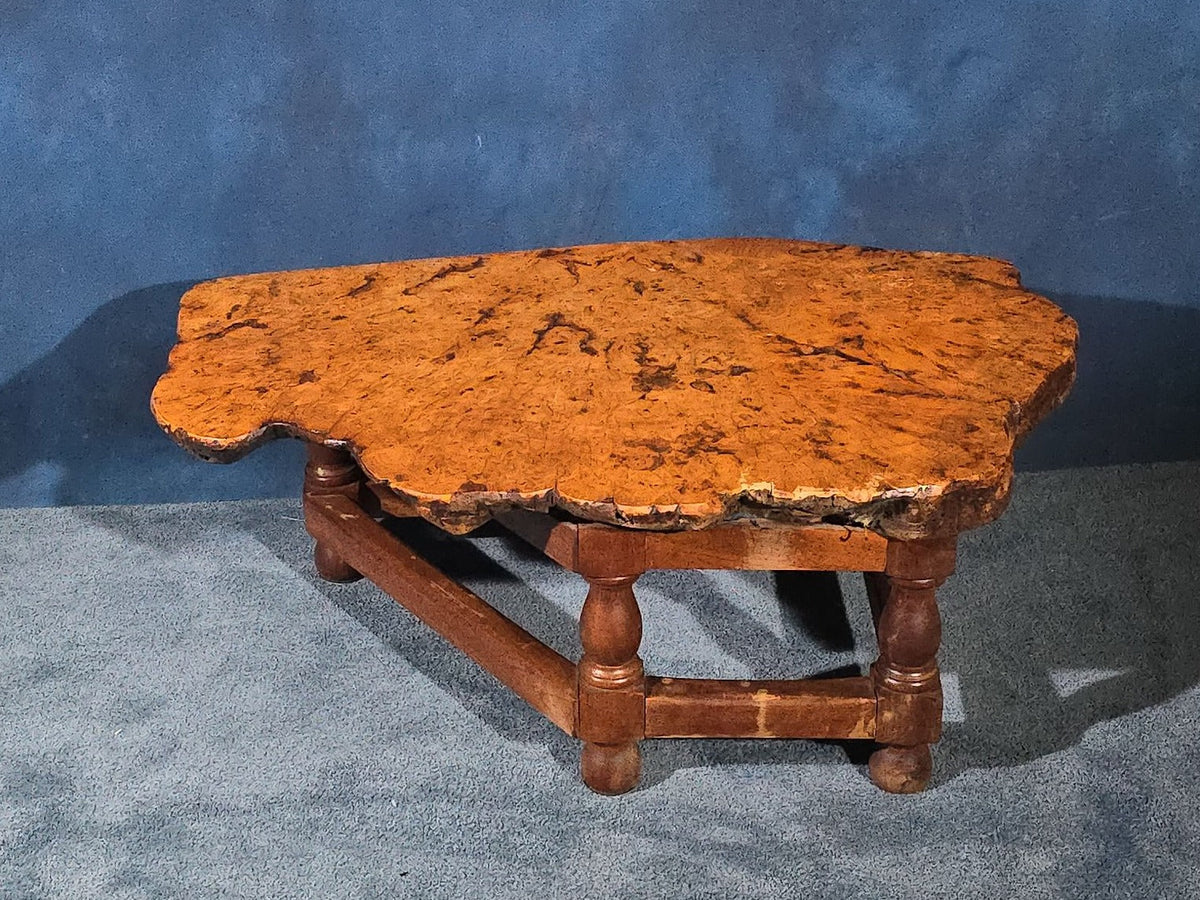 Vintage Burl Wood Slab Coffee Table with Turned Leg Base