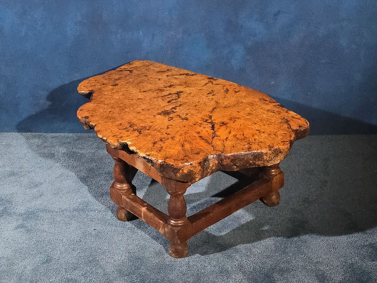 Vintage Burl Wood Slab Coffee Table with Turned Leg Base