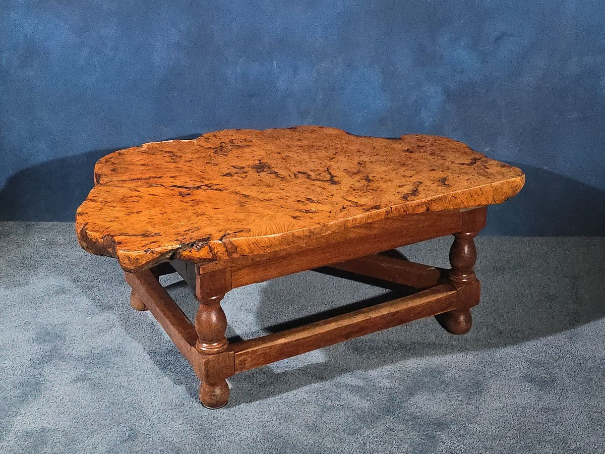 Vintage Burl Wood Slab Coffee Table with Turned Leg Base
