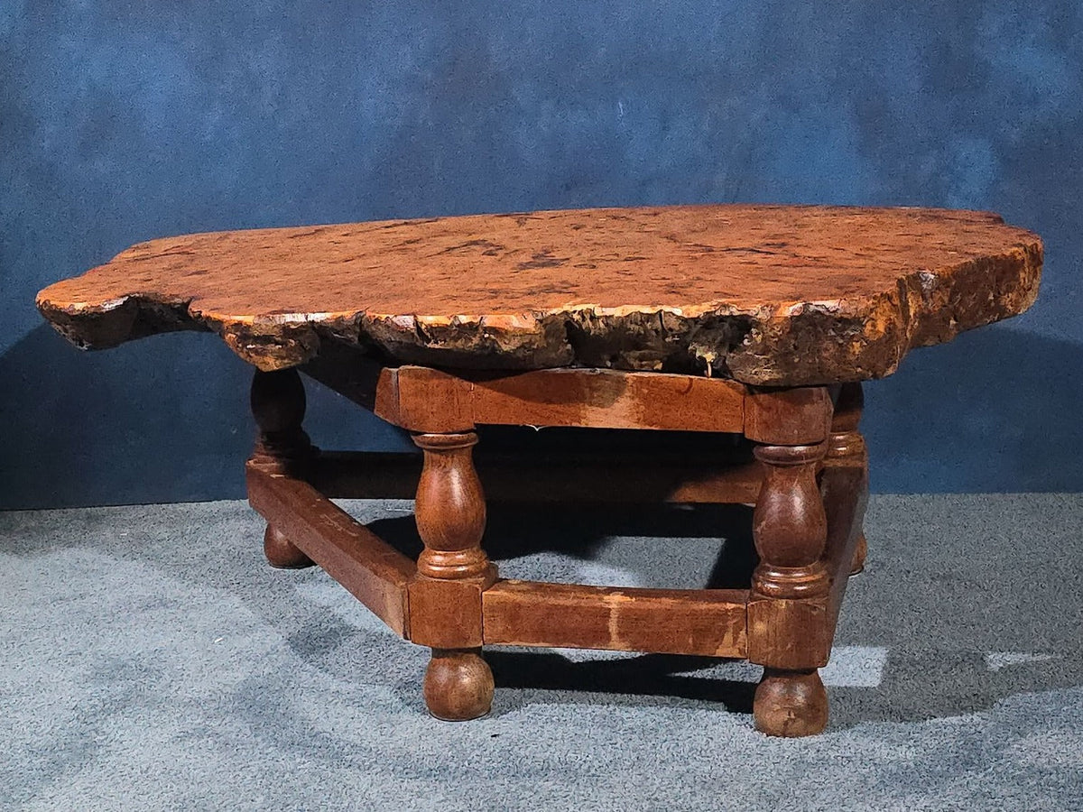 Vintage Burl Wood Slab Coffee Table with Turned Leg Base