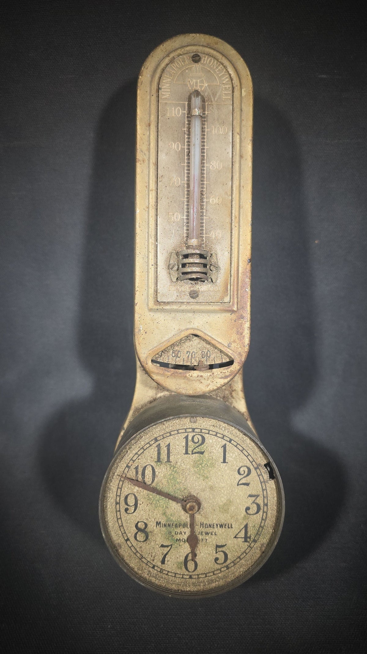 Vintage Minneapolis-Honeywell Regulator Company Model 77 Eight-Day Jewel Clock Thermostat with Thermometer, Minneapolis, Minnesota and Wabash, Indiana