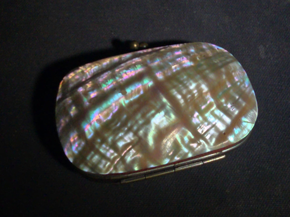 Antique Mother-of-Pearl Coin Purse with Red Fabric Interior and Brass Kiss-Lock Clasp