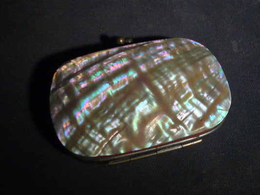 Antique Mother-of-Pearl Coin Purse with Red Fabric Interior and Brass Kiss-Lock Clasp