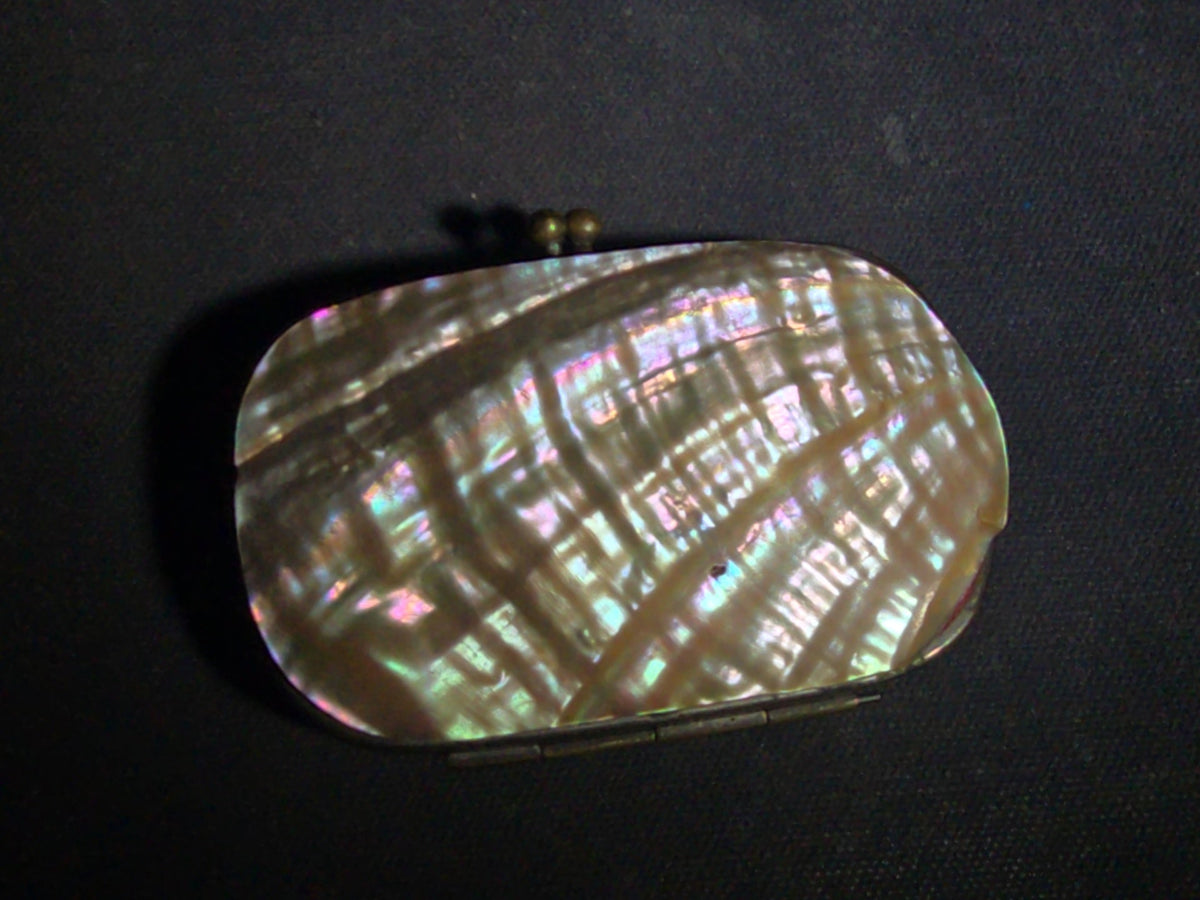 Antique Mother-of-Pearl Coin Purse with Red Fabric Interior and Brass Kiss-Lock Clasp