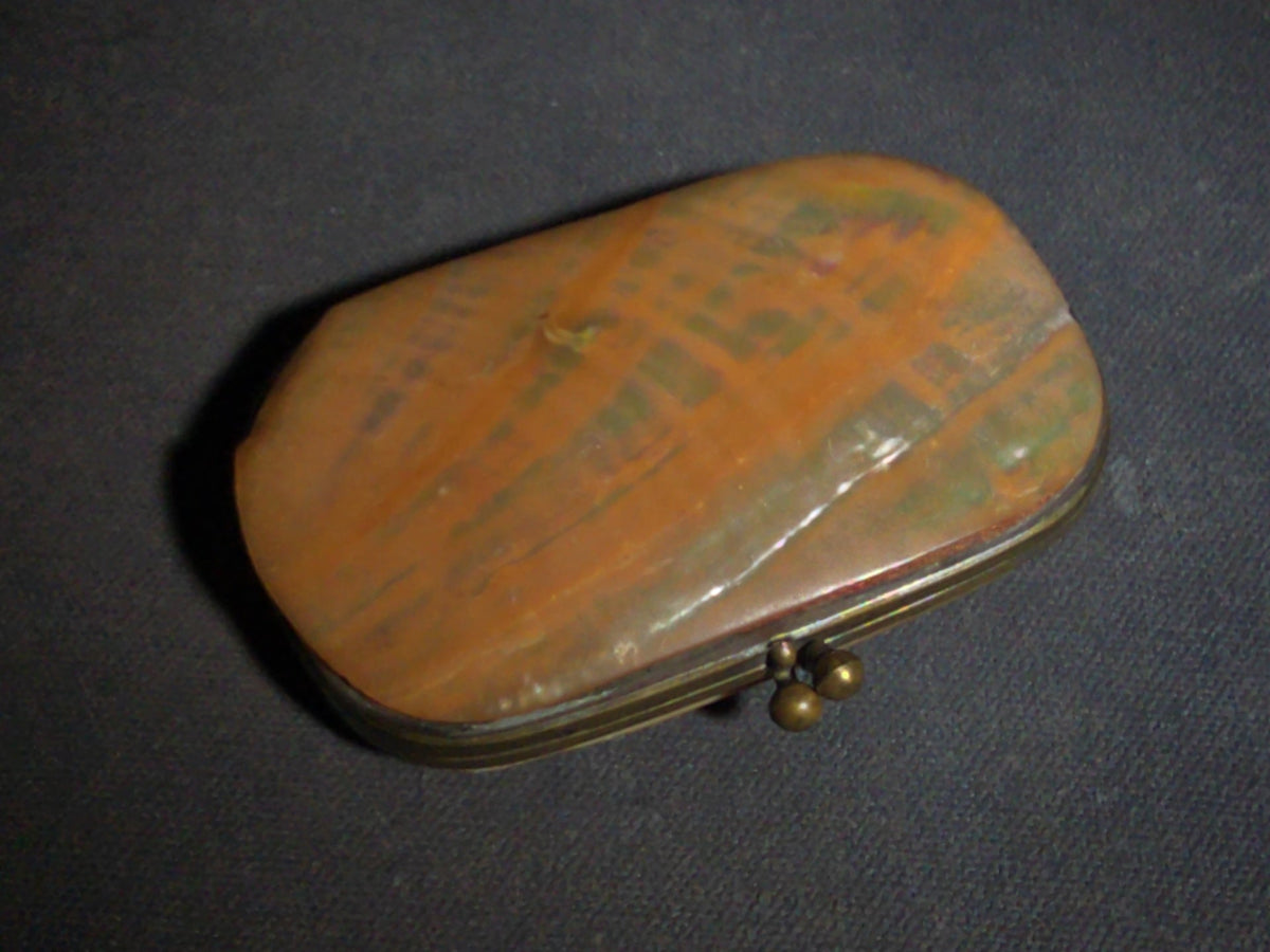 Antique Mother-of-Pearl Coin Purse with Red Fabric Interior and Brass Kiss-Lock Clasp