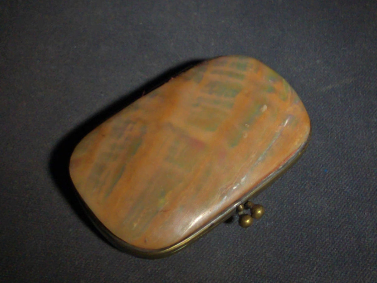 Antique Mother-of-Pearl Coin Purse with Red Fabric Interior and Brass Kiss-Lock Clasp